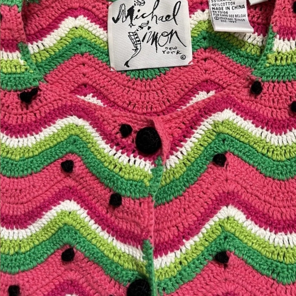 Vintage Michael Simon Size Small Pink and Green Watermelon Crochet Cardigan